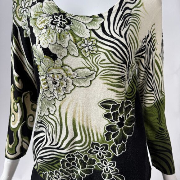 Neiman Marcus Exclusive Floral & Zebra Print Knit Top With Embellishments Scoop - Picture 1 of 16